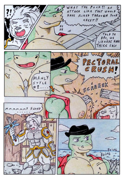 abs anthro armor biceps big_muscles big_pecs breaking broken_sword clothed clothing comic_panel dialogue duo fur green_body green_eyes hair hat headgear headwear holding_object impressed male manly melee_weapon muscular muscular_anthro muscular_arms muscular_male nipples onomatopoeia open_clothing open_mouth open_shirt open_topwear orange_background outside pecs port profanity purple_eyes red_clothing sea seaside shirt shoulder_pads simple_background skill smug smug_face sound_effects speech_bubble sword technique teeth text topwear torn_clothing torn_shirt torn_topwear vein veiny_pecs water weapon white_body white_fur dashthefox albino_(seaborn) nikel felid lion lizard mammal pantherine reptile scalie absurd_res comic english_text hi_res