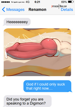 animal_genitalia animal_penis anthro balls bodily_fluids canine_genitalia canine_penis electronics genital_fluids genitals knot male penis phone precum solo text text_message texting underbelly jarlium bandai_namco digimon canid digimon_(species) mammal renamon english_text hi_res