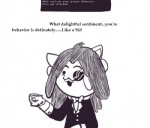 anthro bow_(feature) bow_tie container cup dialogue dialogue_box eyewear facial_hair humor male monocle mustache solo suite tea_cup text animextremex undertale undertale_(series) bob_(undertale) temmie_(undertale) mammal tem english_text meme