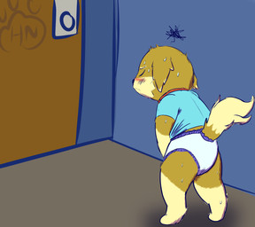 ageplay anthro clothed clothing diaper eyes_closed infantilism male omorashi padded padding roleplay wearing_diaper young young_anthro young_male hangyakuneko canid canine canis domestic_dog mammal hi_res