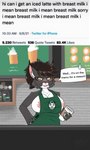 amused anthro apron apron_only areola barista beverage big_breasts black_body black_fur black_hair blush breasts cafe claws clothed clothing coffee coffee_cup coffee_shop container count cup dialogue dialogue_box dual_holding ear_tuft embarrassed eyewear facial_tuft female fur glasses green_apron green_clothing hair holding_container holding_cup holding_object holding_pen huge_breasts iconography inner_ear_fluff inside looking_at_viewer marker mostly_nude narrowed_eyes nipple_slip nipples number open_mouth partially_clothed pen pink_areola pink_nipples pink_nose repeated_text smile solo speech_bubble text text_on_apron text_on_clothing text_with_iconography time timestamp tuft white_body white_fur writing_utensil yellow_eyes mapledragon_art i_mean_breast_milk twitter alex_(firefox42) felid feline lynx mammal 2021 absurd_res digital_media_(artwork) english_text hi_res meme nonbinary_(lore)