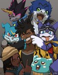 anthro beanie black_hair clothing ear_piercing ear_ring eyewear female goggles grin group group_photo hair hat headgear headwear horn locs male piercing ring_piercing smile kloudraws bandai_namco digimon digimon_(species) espimon gulusgammamon gumdramon human mammal veemon hi_res