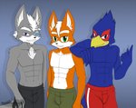 abs anthro beak blue_body blue_eyes blue_feathers bottomwear cheek_tuft clothed clothing facial_tuft feathers fingers fur gesture green_eyes grey_body grey_fur group hair hand_gesture inner_ear_fluff looking_at_viewer male male_focus navel orange_body orange_fur pointing shorts smile standing topless trio tuft white_body white_fur white_hair white_inner_ear blackwingedheart87 nintendo star_fox falco_lombardi fox_mccloud wolf_o'donnell avian bird canid canine canis fox mammal wolf hi_res signature