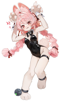 3_toes 5_fingers ahoge anklet anthro barefoot black_clothing black_topwear blush braided_pigtails bunny_costume claws clothed clothed_anthro clothed_female clothing costume ear_piercing ear_ring feet female fingers fur hair inner_ear_fluff jewelry paws piercing pink_body pink_fur pink_hair red_eyes ring_piercing scut_tail shirt_collar shirt_cuffs short_tail simple_background tail thigh_strap toes topwear tuft white_background norankkori mihoyo zenless_zone_zero zhao_(zenless_zone_zero) lagomorph leporid mammal rabbit thiren 2026 absurd_res hi_res