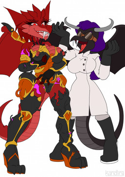 2_horns anthro big_breasts black_body black_boots black_clothing black_footwear black_gloves black_handwear boots breast_fondling breast_play breasts camel_toe clothed clothed_anthro clothed_female clothing coat corruption duo eyelashes eyewear fangs female fondling footwear genital_outline gloves goggles hair hand_on_breast handwear high_heeled_boots high_heels horn lab_coat long_eyelashes mind_control nipples non-mammal_breasts purple_hair red_body red_eyes red_scales scales shoes supervillain tail teeth tentacles topwear vulva_outline wings kandlin mythology briallen setta_flamowitz animate_inanimate dragon living_armor living_clothing mythological_creature mythological_scalie scalie vampire 2023 hi_res story story_in_description