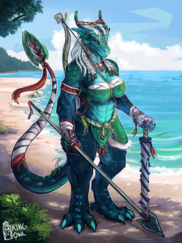 abs anthro beach big_breasts blue_body blue_scales bow_(weapon) bra bracelet braided_hair breasts chest_wraps clothing detailed_background feathers female hair hand_wraps jade_(gem) jewelry larger_female melee_weapon muscular muscular_anthro muscular_female necklace non-mammal_breasts piercing ranged_weapon scales scar size_difference solo standing sword tail tail_weapon thick_thighs underwear weapon white_hair wide_hips wraps kingowl mythology kahurangi_(kingowl) dragon mythological_creature mythological_scalie scalie absurd_res hi_res