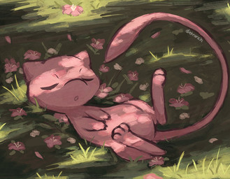 ambiguous_gender anthro eyes_closed featureless_crotch flower grass lying on_back open_mouth paws pink_body plant sleeping solo tail dietranch nintendo pokemon generation_1_pokemon legendary_pokemon mew_(pokemon) pokemon_(species) 2026 hi_res signature