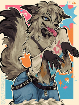 anthro arm_tuft asymmetrical_clothing belt black_lips blue_eyes bodily_fluids border bottomwear bra claws clothed clothing collar denim denim_bottomwear denim_clothing denim_shorts dripping ear_piercing ear_ring eyelashes fangs female finger_claws fluffy fluffy_tail fur furred_shorts grey_body grey_fur grey_hair hair inner_ear_fluff lips looking_at_viewer open_mouth paw_imprint pawpads piercing pose ring_piercing saliva saliva_drip saliva_on_tongue sharp_teeth shirt shorts shoulder_tuft solo standing studded_belt studs tail teeth tongue tongue_out topwear tuft underwear white_border duncedogs epic_games fortnite wolfie_(fortnite) canid canine canis mammal wolf 2026 hi_res pinup portrait three-quarter_portrait
