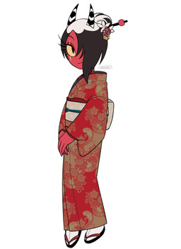 2_horns asian_clothing black_hair clothed clothing east_asian_clothing eye_scar facial_scar female fingers footwear hair horn japanese_clothing kimono not_furry red_body red_skin sandals scar shoes simple_background solo white_background yellow_sclera enaic31 hellaverse helluva_boss sallie_may_(helluva_boss) demon demon_humanoid humanoid imp 2025 absurd_res digital_media_(artwork) hi_res trans_(lore) trans_woman_(lore)