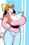 abstract_background accessory anthro big_breasts biped blue_bottomwear blue_clothing blue_pants blush blush_stickers bottomwear bow_ribbon breasts brown_hair centered_hair_bow cleavage clothed clothed_anthro clothed_female clothing female fully_clothed fully_clothed_anthro fully_clothed_female fur hair hair_accessory hair_bow hair_ribbon hand_on_hip heart_symbol huge_breasts long_hair one_eye_closed open_mouth open_smile pants pink_clothing pink_sweater pink_topwear ribbons smile solo standing sweater topwear white_body white_fur wink yellow_eyes yellow_hair_bow honeyboyy holly_applebee canid canine canis domestic_dog mammal 2018 digital_drawing_(artwork) digital_media_(artwork) english_description portrait three-quarter_portrait