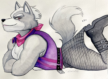 anthro boots butt clothing fishnet_clothing fishnet_leggings fishnet_legwear footwear fur grey_body grey_fur kerchief leggings legwear lying male muscular muscular_anthro muscular_male neckerchief neckwear on_side seductive shoes solo topwear vest ulala_ko nintendo star_fox wolf_o'donnell canid canine canis mammal wolf hi_res