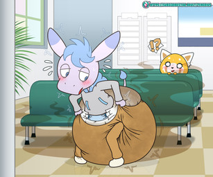 anthro bench big_diaper blue_eyes blue_hair blush bodily_fluids bottomwear brown_bottomwear brown_clothing brown_pants checkered checkered_floor clothed clothing crouching detailed_background diaper diaper_fetish diaper_under_clothing duo exclamation_point feces female footwear fur hair hiding hoodie huge_diaper hyper_diaper looking_at_diaper male open_mouth pants plant pooping poopy_diaper pulling_pants_up purple_body purple_fur question_mark raised_tail socks soiled_diaper soiling soiling_diaper spying stink_fumes sweat sweatdrop tail text topwear unclean_diaper used_diaper using_diaper wearing_diaper white_diaper window tenerius aggretsuko sanrio retsuko tadano_(aggretsuko) ailurid asinus donkey equid equine mammal red_panda absurd_res hi_res signature url