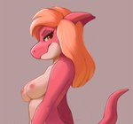 anthro areola breasts eyelashes female hair long_hair looking_at_viewer navel nipples nude orange_eyes orange_hair pink_body side_view simple_background solo tail white_body ajin mythology dragon mythological_creature mythological_scalie scalie 2020 digital_media_(artwork)