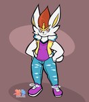 2023 allison_goleta brown_background cinderace cosplay crossover crossover_cosplay female generation_8_pokemon hands_on_hips hi_res looking_at_viewer nintendo pokemon pokemon_(species) pose shoelaces simple_background smile smiling_at_viewer solo super_lesbian_animal_rpg thefoxsista