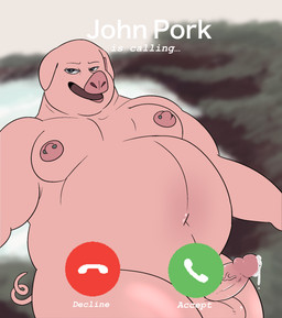 anthro balls belly big_belly bodily_fluids breasts genitals looking_at_viewer male nipples nude obese obese_anthro overweight overweight_anthro penis simple_background smile solo tail text sstinkies john_pork domestic_pig mammal suid suine sus_(pig) english_text hi_res meme