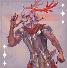 anthro antlers armor brown_body clothed clothing fur gold_(metal) hair horn looking_at_viewer male metal simple_background smile solo sparkles tail tan_body tan_fur teeth white_hair dudi dudinhados deer humanoid mammal digital_media_(artwork) hi_res