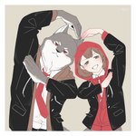 anthro border brown_hair clothing duo female fur grey_body grey_eyes grey_fur hair heart_gesture hood male school_uniform uniform white_body white_border white_fur shikayoshi sub20211115 canid canine canis domestic_dog human mammal shiba_inu spitz 1:1 2022 absurd_res hi_res