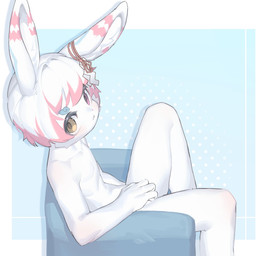 ambiguous_gender anthro covering covering_crotch dotted_background fur hair heterochromia high-angle_view kemono long_ears looking_at_viewer nude pattern_background raised_knee simple_background sitting_on_armchair solo white_body white_fur white_hair young young_anthro emolga_1 mammal 2022 chinese_description hi_res