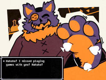 3_toes anthro button_(fastener) clothing dialogue dialogue_box eyes_closed feet foot_fetish foot_focus fur fur_tuft laugh male open_mouth open_smile orange_inner_ear orange_pawpads pawpads paws plushie purple_body purple_fur smile solo teeth text tickle_fetish tickling tickling_feet toes topwear tuft patugh deltarune undertale_(series) seam_(deltarune) animate_inanimate darkner domestic_cat felid feline felis living_plushie mammal 2025 4:3 english_text hi_res