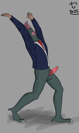 anatomically_inaccurate_penis anthro balls blue_clothing blue_topwear butt claws clothed clothing dewclaw eyes_closed fangs for_a_head genitals grey_background hands_above_head humanoid_hands looking_content male neck_tuft necktie partially_clothed penis pointy_ears red_necktie shadow shirt simple_background solo stretching teeth toe_claws toony topwear tuft white_clothing white_shirt white_topwear carnaltwin dispatch sonar_(dispatch) animal_head animal_humanoid bat humanoid mammal 2025 3:5 absurd_res digital_drawing_(artwork) digital_media_(artwork) hi_res watermark