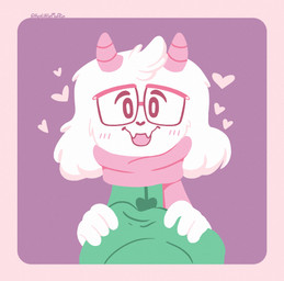 3_fingers anthro blush clothing eyewear fingers fluffy fur glasses happy hat headgear headwear heart_symbol holding_object horn male pink_horn scarf simple_background smile solo white_body white_fur thelittlemuffin deltarune undertale_(series) ralsei bovid caprine darkner goat mammal 2018 hi_res