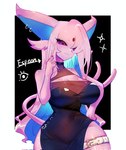 alternative_fashion anthro big_breasts breasts cleavage clothed clothing dress ear_piercing ear_ring female forehead_gem forked_tail gem goth hair kemono piercing pink_hair purple_eyes ring_piercing simple_background solo tail text thigh_belt unusual_anatomy unusual_tail togetoge nintendo pokemon eeveelution espeon generation_2_pokemon pokemon_(species) 2023 hi_res