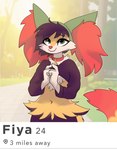 absurd_res anthro beanie begging braixen canid canine character_name clothed clothed_anthro clothed_male clothing collar crop_top dating_app english_text femboy fidgeting finger_press fiya fiyawerks furgonomic_headwear furgonomics generation_6_pokemon hair hat headgear headwear hi_res male male_anthro mammal nintendo pokemon pokemon_(species) shirt smile solo stated_age text tinder_(app) topwear