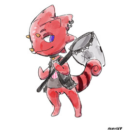 andromorph anthro bottomless bottomless_anthro butterfly_net clitoris clitoris_piercing clothed clothing collar genital_piercing genitals horn intersex jacket leather leather_clothing leather_jacket leather_topwear markings net piercing purple_eyes red_body red_scales scales shirt solo striped_markings striped_tail stripes t-shirt tail tail_markings topwear vulva sssnivy69 animal_crossing nintendo flick_(animal_crossing) chameleon lizard reptile scalie hi_res