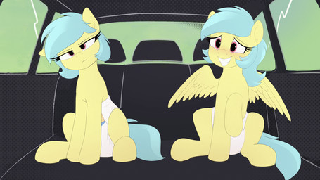 blue_hair blue_tail blush car clothed clothing diaper duo female feral fidgeting hair inside_car inside_vehicle potty_dance purple_eyes sitting smile tail vehicle wearing_diaper white_diaper wings daydreamed hasbro my_little_pony mythology fan_character matinee_(oc) soiree_(oc) earth_pony equid equine horse mammal mythological_creature mythological_equine pegasus pony 16:9 2d_animation animated hi_res widescreen