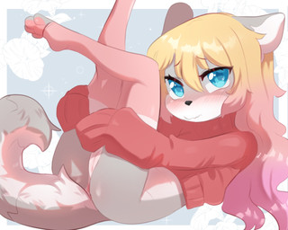 anthro anus black_nose blonde_hair blue_eyes blush bottomless butt clothed clothing female fluffy fluffy_tail footwear fur genitals gradient_hair grey_body grey_fur hair jacket legs_up looking_at_viewer lying multicolored_body multicolored_fur multicolored_hair on_back pink_hair shy socks solo spread_legs spreading sweater tail topwear turtleneck two_tone_body two_tone_fur two_tone_hair vulva white_body white_fur young young_anthro young_female aoizuri ashley_(nerishness) domestic_cat felid feline felis mammal 5:4