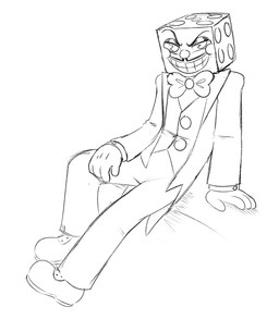 bow_(feature) bow_tie clothed clothing d6 dice facial_hair fleischer_style_toon for_a_head fully_clothed male mustache not_furry pencil_mustache simple_background sitting smile solo suit teeth toony white_background unnecessaryfansmut cuphead_(game) king_dice animate_inanimate humanoid object_head monochrome sketch