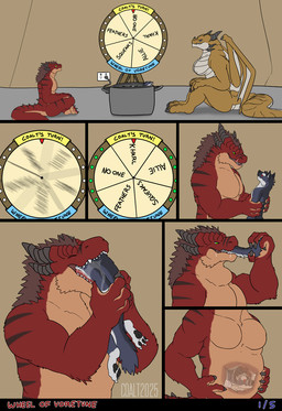 abdominal_bulge almost_fully_inside anthro anthro_pred anthro_prey belly big_belly black_stripes blue_eyes bodily_fluids breasts brown_body brown_hair brown_scales drooling eyes_closed female fully_inside fur grabbing_another green_eyes group hair hand_on_belly head_first head_in_mouth inside_stomach internal larger_pred male male/male male_pred male_prey nipples nude oral_vore page_number pan partially_inside pecs red_body red_eyes red_fur saliva scales sharp_teeth sitting sitting_on_ground size_difference soft_vore spinning stripes tail tail_grab tan_body tan_fur teeth text trio vore wheel rimentus european_mythology mythology clessie_dreadwinter coalt kharl_(rimentus) canid canine canis dragon furred_dragon furred_scalie mammal mythological_creature mythological_scalie scalie western_dragon wingless_dragon wolf 2025 comic dated english_text hi_res