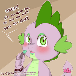 accessory anthro applying_makeup blush bow_(feature) bow_accessory bow_ribbon caught_in_the_act claws clothed clothing crossdressing dialogue exclamation_point eyelashes eyeshadow femboy furgonomics green_eyes holding_object lipstick lipstick_(object) looking_at_viewer makeup male mascara nude open_mouth personal_grooming pupils question_mark ribbons simple_background slit_pupils solo spade_tail speech_bubble surprised tail tail_accessory tail_bow tail_ribbon tan_background teeth text tongue young young_anthro cold-blooded-twilight friendship_is_magic hasbro my_little_pony mythology spike_(mlp) dragon mythological_creature mythological_scalie scalie 1:1 2018 bust_portrait english_text hi_res icon portrait url