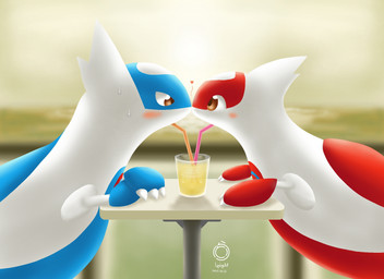 bendy_straw beverage blue_body blush bodily_fluids container cup drinking drinking_glass drinking_straw duo eye_contact female feral furniture glass glass_container glass_cup hands_on_table heart_symbol light looking_at_another male multicolored_body nervous nervous_sweat nose_to_nose outside red_body red_eyes sea sunlight sweat table two_tone_body water white_body kemo_leight nintendo pokemon generation_3_pokemon latias latios legendary_pokemon pokemon_(species) hi_res