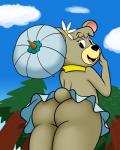 anthro bottomwear butt butt_pose clothed clothing female forest looking_at_viewer low-angle_view miniskirt parasol plant pose rear_view skirt solo tail tail_under_skirt tree upskirt marcodile hanna-barbera yogi_bear cindy_bear bear mammal 4:5 absurd_res digital_media_(artwork) hi_res portrait three-quarter_portrait