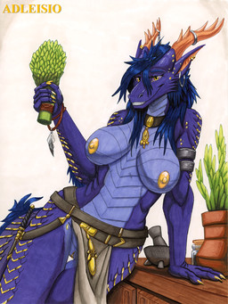 anthro areola armband barely_visible_genitalia barely_visible_vulva belt big_breasts biped blue_hair bottomwear bottomwear_aside breasts choker clitoral_hood clitoris clothing clothing_aside countershading ear_piercing ear_ring female female_anthro furniture genitals glass_jar gold_(metal) gold_accents gold_areola gold_ear_ring gold_irises gold_jewelry gold_nipples gold_vulva grin grinning_at_viewer hair herbs horn horn_jewelry horn_ring humanoid_genitalia humanoid_vulva jewelry knife loincloth loincloth_aside magic_user mortar_and_pestle multicolored_body multicolored_scales necklace nipples non-mammal_breasts non-mammal_ears non-mammal_hair non-mammal_nipples non-mammal_vulva piercing plant plant_pot potted_plant pottery purple_body purple_scales purple_sclera ring_(jewelry) ring_piercing scales shaman silver_ear_ring simple_background smile smiling_at_viewer solo standing table tail tribal tribal_spellcaster two_tone_body two_tone_scales ventral_scales vulva yellow_eyes adleisio european_mythology mythology dragon mythological_creature mythological_scalie scalie western_dragon hi_res marker_(artwork) traditional_media_(artwork)