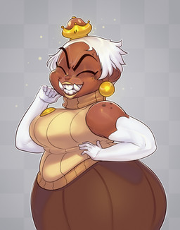 5_fingers alternate_species armwear breasts brown_body brown_clothing brown_skin clothed clothing crown dark_body dark_skin dress eyes_closed female fingers freckles fully_clothed grin hair headgear humanoidized lipstick makeup not_furry outline short_hair shortstack side_view simple_background smile solo super_crown teeth tusks underbite white_hair yellow_lipstick derek_hetrick mario_bros nintendo goomba humanoid hi_res