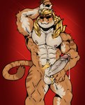 :3 anthro balls bodily_fluids body_hair cum cum_dripping_from_penis erection finger_in_underwear genital_fluids genitals male muscular muscular_male navel nipples nude penis pubes raised_arm red_background simple_background solo tail metrix epic_games fortnite meowscles meowtooth domestic_cat felid feline felis mammal absurd_res hi_res