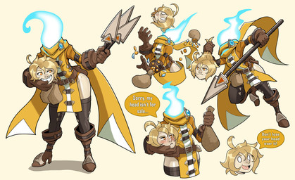 action_pose ahoge bag belt blush boots clothed clothing coin detachable detachable_head dialogue female footwear fully_clothed gem gloves gold_(metal) gold_coin grin hair handwear high_heeled_boots high_heels holding_head holding_melee_weapon holding_object holding_polearm holding_spear holding_weapon legwear melee_weapon merchant monster_girl_(genre) no_pupils not_furry open_mouth orange_eyes pale_skin pelvic_curtain polearm pose sack scarf shoes simple_background smile solo spear stockings tan_background text tongue tongue_out weapon ceehaz european_mythology irish_mythology mythology della_(ceehaz) dullahan humanoid 2019 absurd_res english_text hi_res