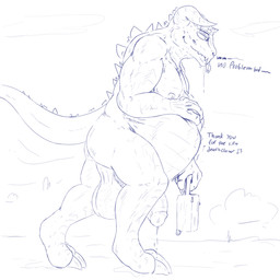 abdominal_bulge anthro balls belly big_balls big_belly big_penis bodily_fluids dialogue dripping drooling flaccid forked_tongue genital_fluids genitals hand_on_belly horn huge_balls huge_penis male male_pred muscular muscular_anthro muscular_male penis precum precum_drip safe_vore saliva suitcase text tongue tongue_out vore willing_prey purplen00dle fallout microsoft deathclaw reptile scalie 1:1 absurd_res english_text hi_res