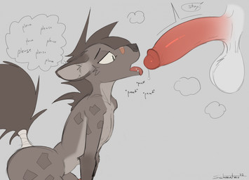 anthro balls band-aid bandage begging big_penis black_text breath butt dialogue disembodied_penis duo erection fangs fur fur_markings genitals grey_background grey_body grey_fur grey_hair grey_markings grey_tail hair humanoid_genitalia humanoid_penis looking_at_genitalia looking_at_penis male male/male markings nude nude_anthro nude_male open_mouth panting penis side_view simple_background speech_bubble steam tail teeth text thought_bubble tongue tongue_out schmutzo hyena mammal 2025 artist_name dated english_text hi_res