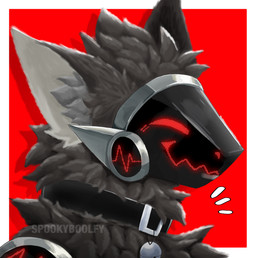 bell bell_collar black_body black_fur collar fur grey_ears machine male red_background red_eyes simple_background smile solo visor spookyboolfy avo protogen absurd_res hi_res