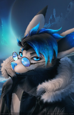 anthro black_hair blue_eyes blue_hair blue_hair_tips blue_nose clothed clothing coat cold cosmic_hair detailed_background ethereal_hair eyewear eyewear_on_head fur glasses glasses_on_head grey_body grey_fur hair looking_at_viewer magic male night outside pose reflection sky solo star starry_sky topwear white_body white_fur winter hnz mythology krakka canid canine dragon fox mammal mythological_creature mythological_scalie scalie digital_media_(artwork) headshot_portrait icon portrait