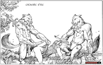 all_fours axe balls big_penis border bottomless bottomwear bottomwear_aside clothed clothing clothing_aside erection fellatio genitals grass group group_sex headgear headwear humanoid_genitalia humanoid_penis interspecies jewelry kneeling loincloth loincloth_aside male male/male male_penetrated male_penetrating male_penetrating_male melee_weapon multi_nipple muscular necklace nipples nude oral oral_penetration outside penetration penile penis plant sex sitting spitroast sword tail threesome tongue tongue_out trio weapon furronika canid canine canis elf humanoid mammal wolf greyscale monochrome