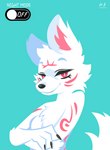 anthro black_nose blep cheek_tuft crossed_arms facial_tuft fur markings purple_background red_markings simple_background smile solo tongue tongue_out tuft white_body white_fur hydrabb canid canine fox mammal 2021 absurd_res animated digital_media_(artwork) hi_res lineless