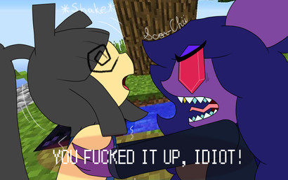 angry anthro cobblestone_generator dizzy duo female male male/female open_mouth shaking sharp_teeth teeth yelling scor-chii microsoft minecraft mojang nintendo pokemon skyblock xbox_game_studios fang_(scor-chii) generation_3_pokemon mawile pokemon_(species) sableye 16:10 absurd_res hi_res meme widescreen