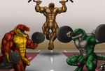 abs anthro balls barbell barbell_squats bicep_curl biceps casual_nudity curls deltoids dumbbell exercise flaccid foreskin genitals green_body green_scales group gym humanoid_genitalia humanoid_hands humanoid_penis male male/male manly muscular muscular_anthro muscular_male nipples non-mammal_balls non-mammal_nipples nude nude_workout pecs penis pull-up_(exercise) quads scales squats trio weightlifting weights workout kevindragon grilder_(character) troojhar typhek dinosaur prehistoric_species reptile scalie theropod tyrannosaurid tyrannosauroid tyrannosaurus tyrannosaurus_rex hi_res