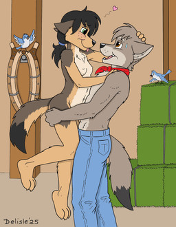 4_fingers 4_toes anthro anthro_on_anthro biped black_hair black_nose bodily_fluids bottomwear breasts butt carrying_another carrying_partner clothed clothed/nude clothed_anthro clothed_male clothing denim denim_bottomwear denim_clothing duo feet female female_anthro fingers fur grey_body grey_fur hair heart_reaction heart_symbol hindpaw humanoid_hands indoor_nudity inside intimate jeans jeans_only kerchief kerchief_only long_hair love male male/female male_anthro navel neckerchief neckwear nipples nude nude_anthro nude_female pants paws romantic romantic_couple side_view small_breasts smile standing sweat tan_body tan_fur tasteful_nudity text toes topless topless_anthro topless_male delisle aaron_(delisle) caillie-ann ambient_bird canid canine canis coyote mammal 2025 artist_name dated digital_drawing_(artwork) digital_media_(artwork) english_text flat_colors hi_res