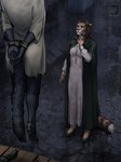 ambiguous_gender anthro arms_tied bound cloak clothed clothing death dress duo female footwear gallows green_eyes hair hanged raining rope sad shoes tail wet wet_clothing techiesxc microsoft the_elder_scrolls canid canine canis domestic_dog felid khajiit mammal pantherine tiger digital_media_(artwork) hi_res painting_(artwork)