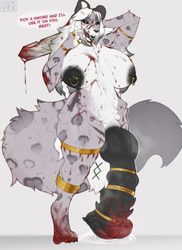 accessory animal_genitalia animal_penis anthro areola arm_scar arm_tuft armlet armpit_tuft ball_markings ball_tuft balls bedroom_eyes big_balls big_breasts big_penis black_sclera blood blood_drip blood_on_arm blood_on_belly blood_on_breast blood_on_face blood_on_foot blood_on_leg blood_on_object blood_on_penis blood_on_sword blood_on_thigh blood_on_weapon bodily_fluids bracelet braided_hair breasts claws cock_ring collar crotch_tuft dripping elbow_tuft equine_genitalia equine_penis excessive_blood fangs finger_in_mouth flared_penis fluffy fluffy_tail fur genital_fluids genital_markings genitals grey_body grey_fur grin gynomorph hair hand_behind_head hip_tuft holding_melee_weapon holding_object holding_sword holding_weapon huge_balls huge_breasts huge_penis hybrid_genitalia hybrid_penis hyper hyper_balls hyper_genitalia hyper_penis intersex jewelry knot knotted_equine_penis knotted_penis leg_scar leg_tuft leglet long_hair long_tail looking_at_viewer markings melee_weapon multiple_cock_rings narrowed_eyes navel nipple_piercing nipples penile_spines penis penis_accessory penis_jewelry piercing precum precum_on_ground ring_(jewelry) scar seductive sharp_teeth simple_background small_waist smile smirk smug solo spots sword tail talking_to_viewer teeth text thick_thighs toe_claws tuft weapon white_body white_fur white_hair wide_hips yellow_eyes vulpevex freyja_(heliocintrini) felid mammal pantherine snow_leopard 2026 absurd_res english_text hi_res